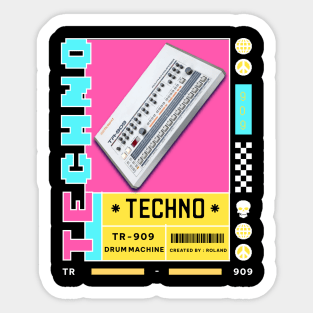 TECHNO  - TR 909 Drum Machine (white/blue/pink) Sticker